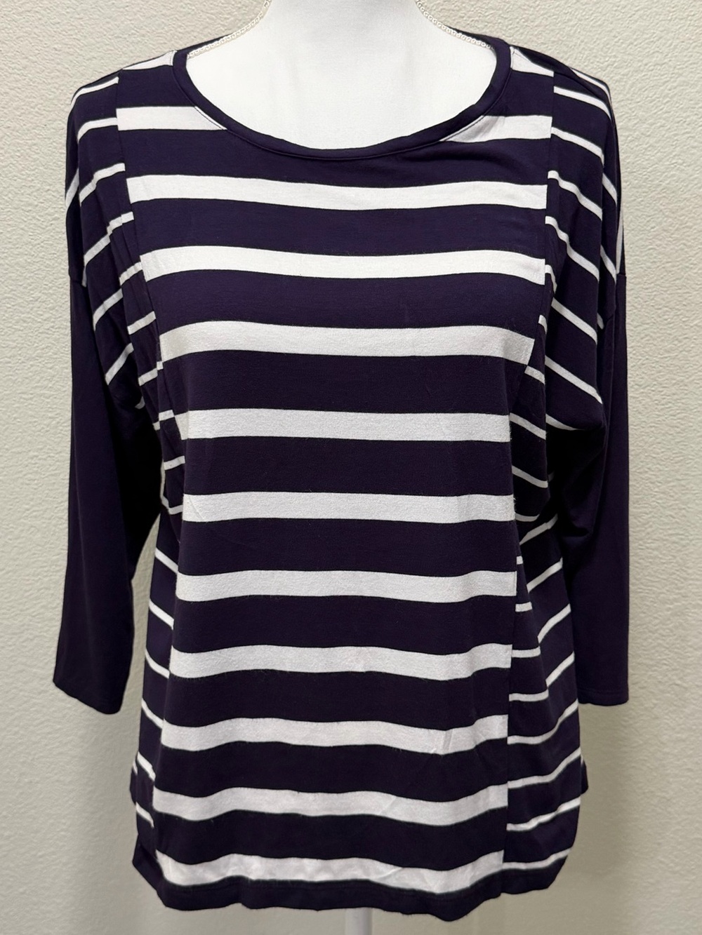 Chicos navy and white striped blouse with 3/4 length sleeves